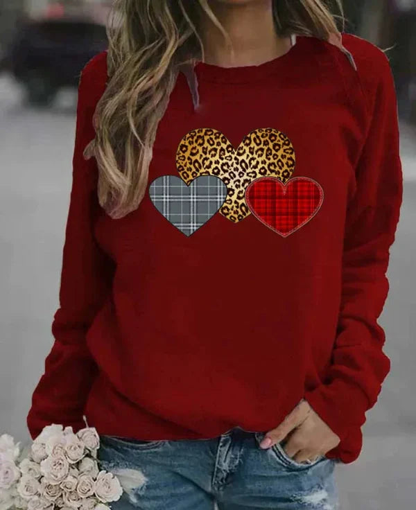 Eveloria Damen Sweatshirt Baumwollmischung Rundhals Herzdruck
