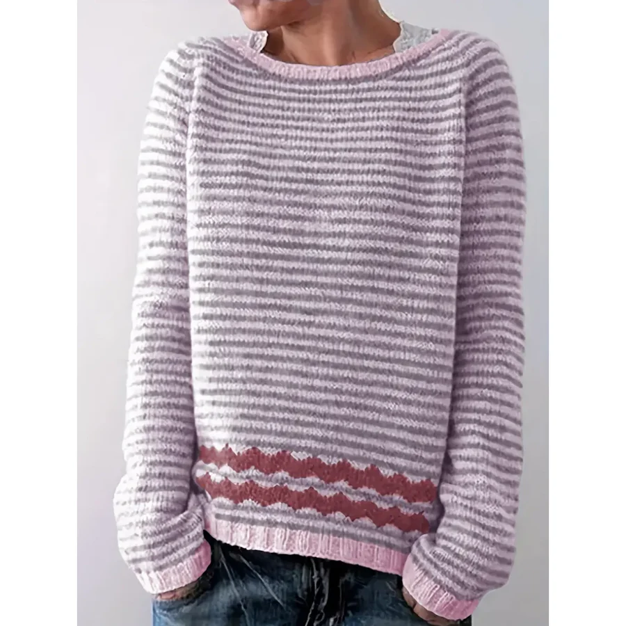 Eveloria Damen Pullover Wollstrick Gestreift Locker