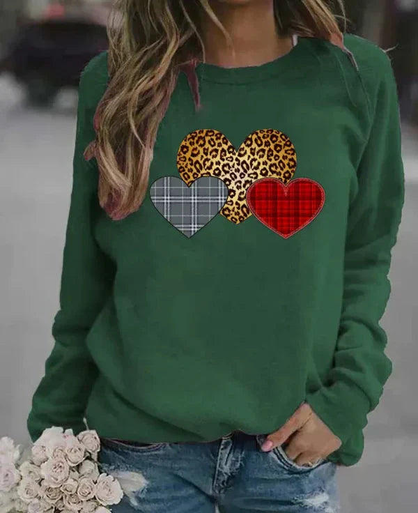Eveloria Damen Sweatshirt Baumwollmischung Rundhals Herzdruck