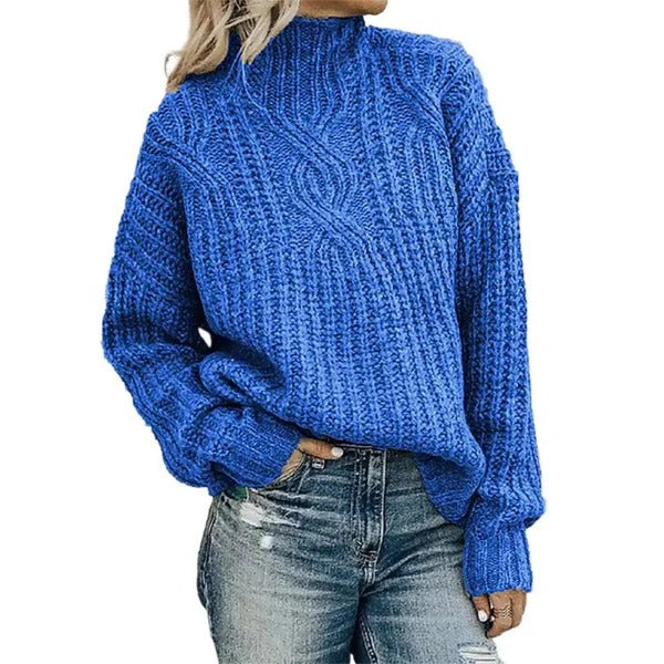 Damen Grobstrickpullover Hochkragen Uni-Farbe