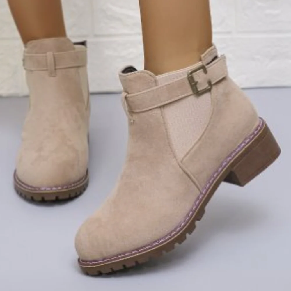 Eveloria Damen Stiefeletten Wildleder Schnallenriemen Elastisch - Eveloria