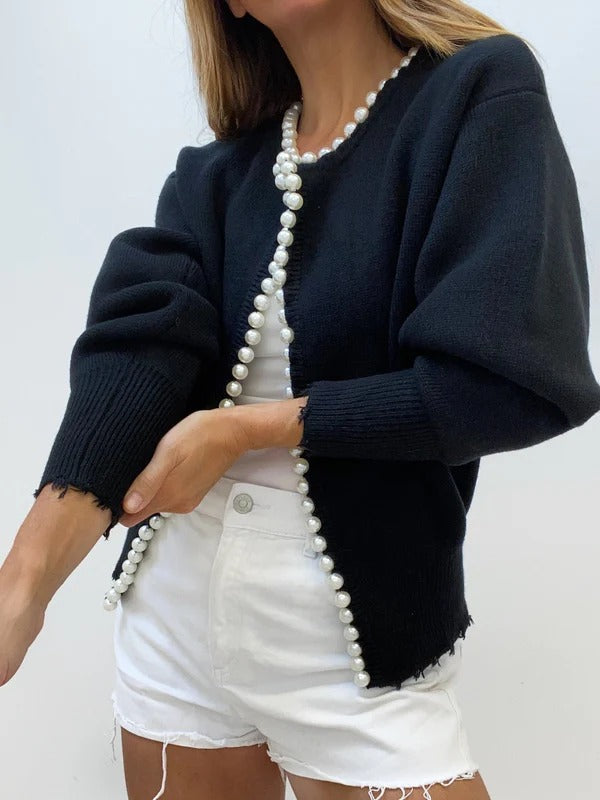 Damen Strickcardigan Relaxed Fit Offenes Design Perlenkante Beige - Eveloria