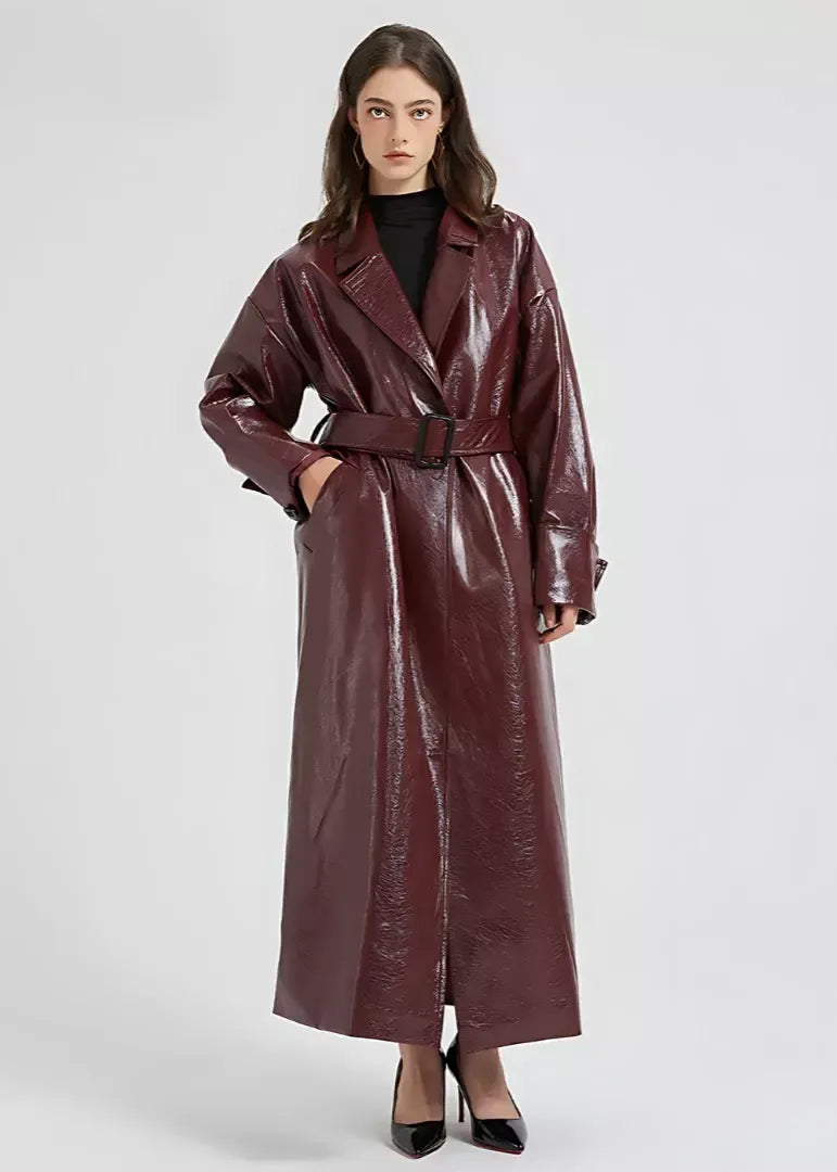 Damen Trenchcoat Glänzendes Veganleder Slim Fit Mit Gürtel Schwarz - Eveloria