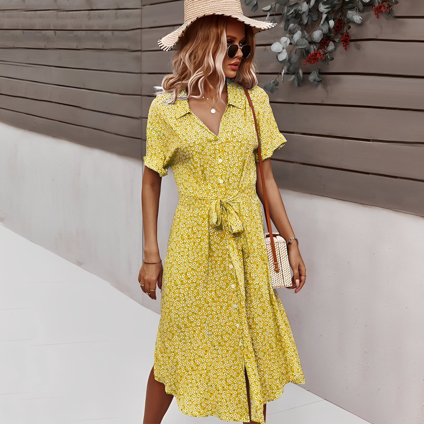 Damen Midi-Kleid Blumenmuster Sommerkleid Freizeit