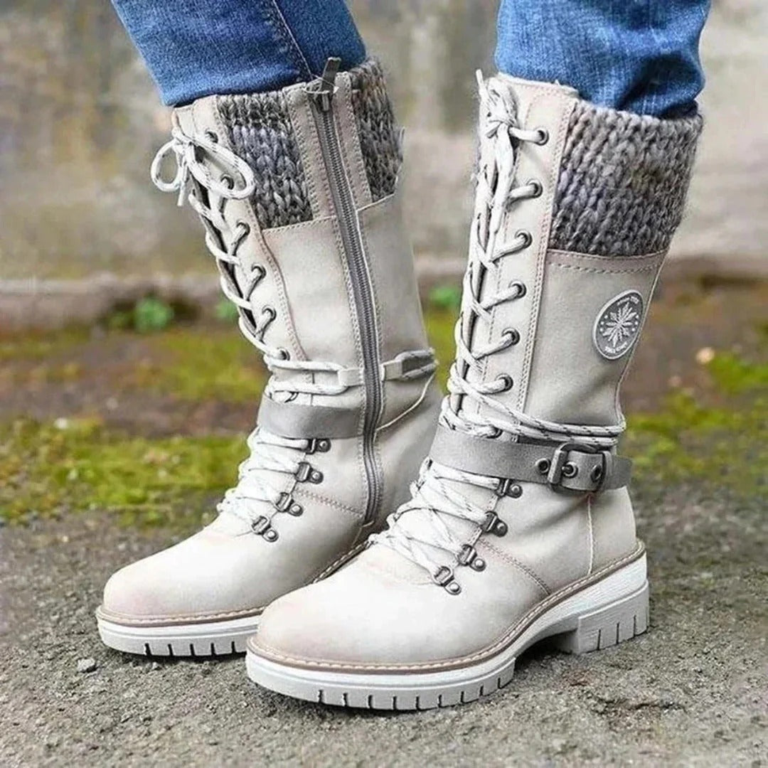 Damen Kniehohe Stiefel Wollbund Schnürfront Schwarz - Eveloria