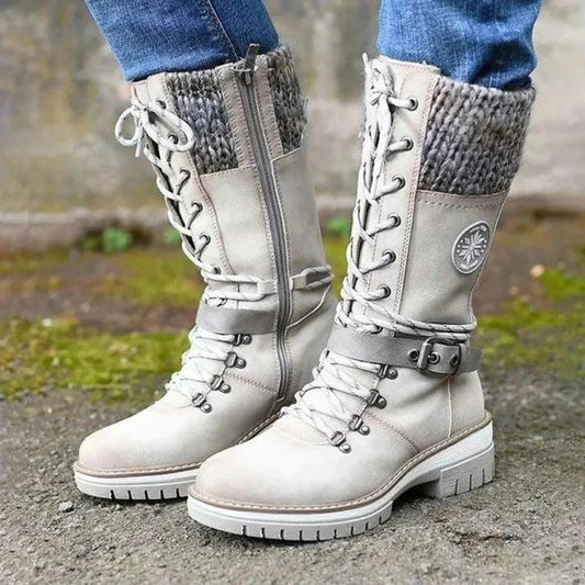 Damen Kniehohe Stiefel Wollbund Schnürfront Schwarz - Eveloria