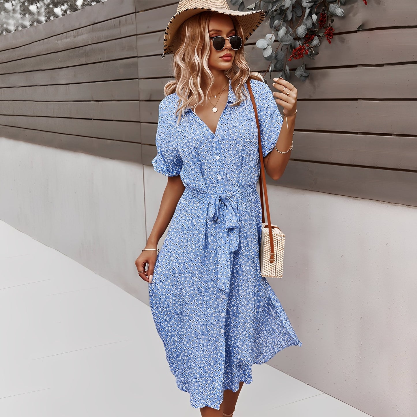 Damen Midi-Kleid Blumenmuster Sommerkleid Freizeit