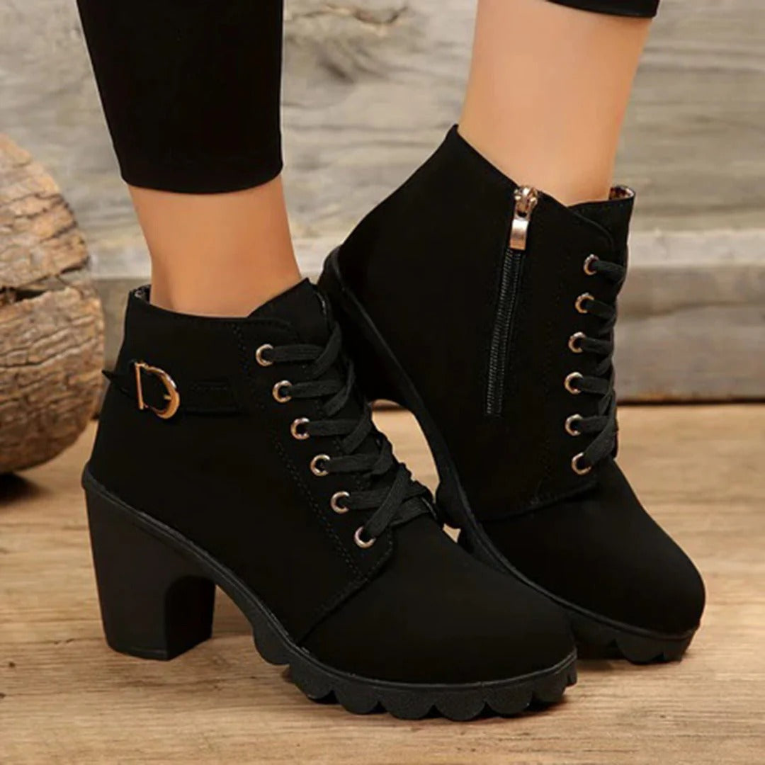 Damen Stiefeletten Chunky Blockabsatz Schnürung Schwarz - Eveloria
