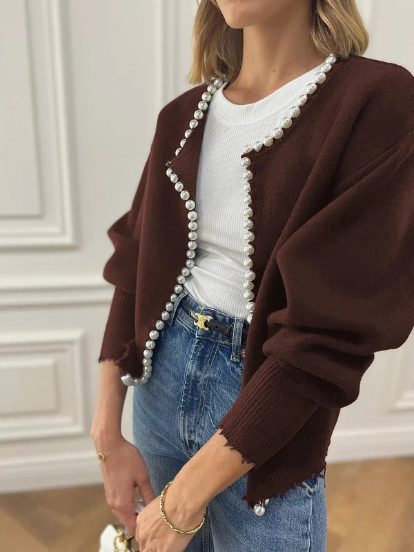 Damen Strickcardigan Relaxed Fit Offenes Design Perlenkante Beige