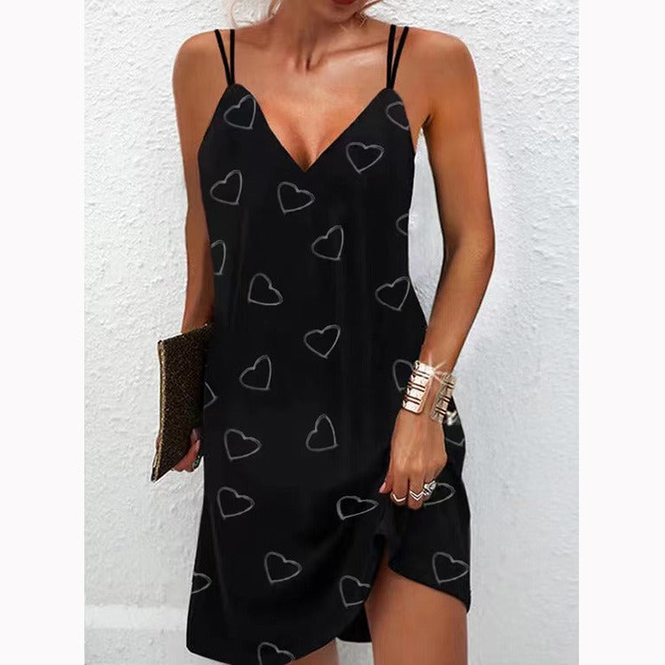 Damen Mini Sommerkleid Slim Fit V-Ausschnitt Doppelträger Schwarz - Eveloria