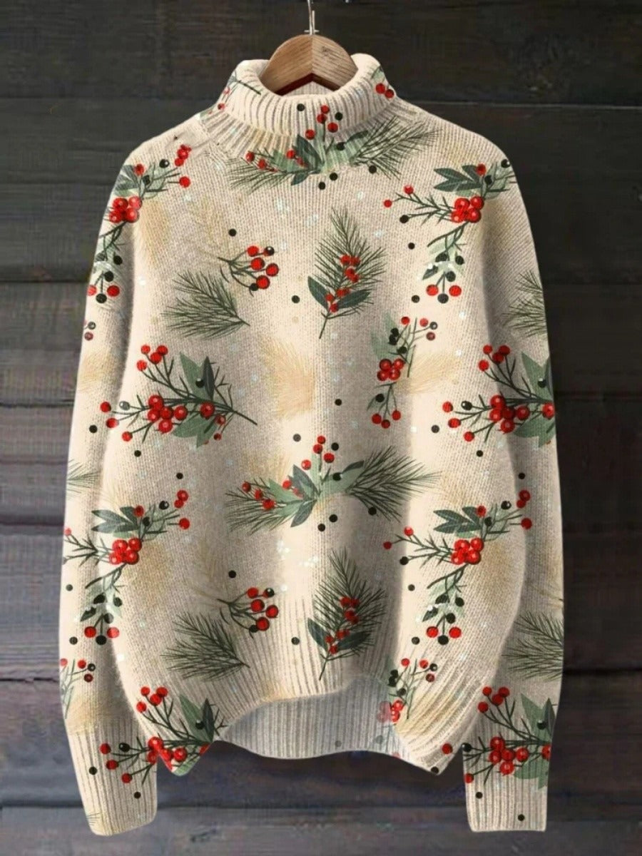Eveloria Damen Rollkragenpullover Wollstrick Botanischer Druck Beige - Eveloria