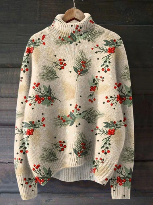 Eveloria Damen Rollkragenpullover Wollstrick Botanischer Druck Beige - Eveloria