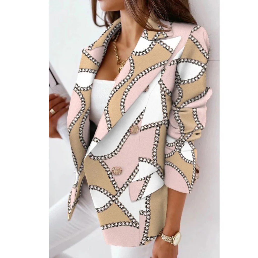 Damen Blazer Tailored Fit Reverskragen Doppelreiher Elegant Muster