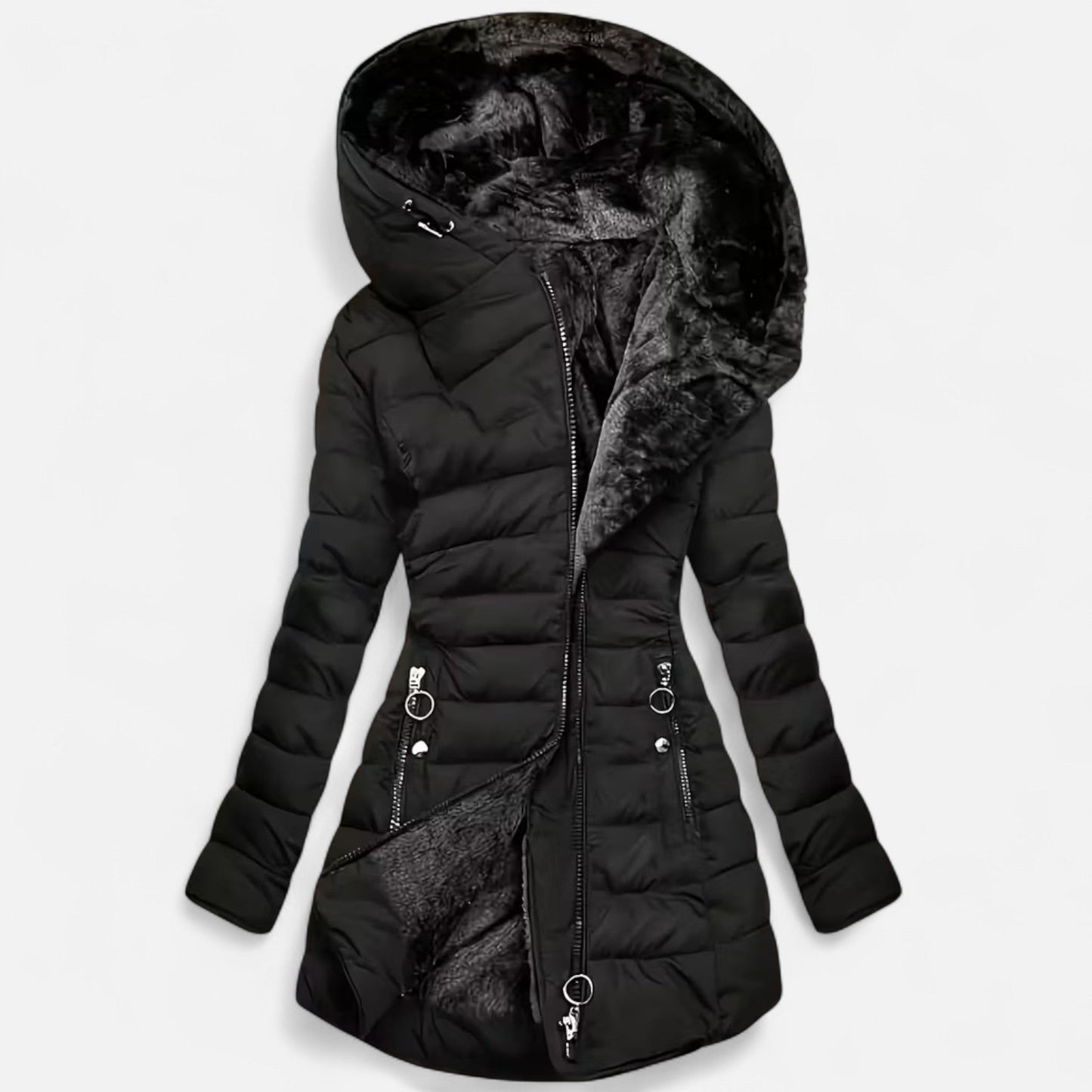 Damen Fleecejacke Slim Fit Kapuze Reißverschluss Schwarz - Eveloria