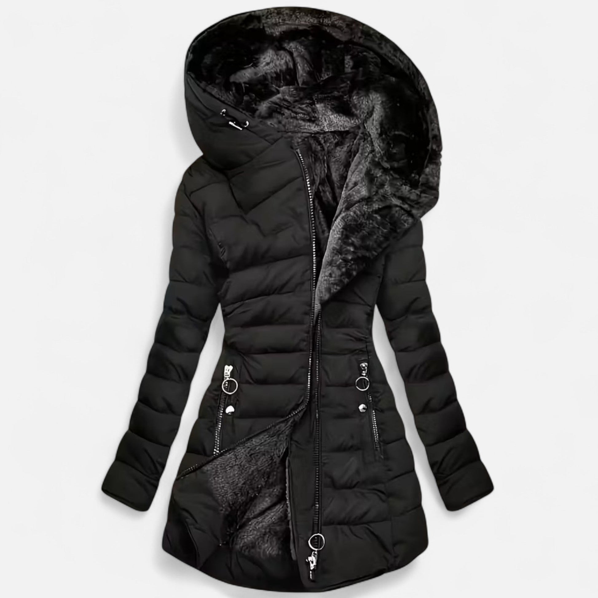 Damen Fleecejacke Slim Fit Kapuze Reißverschluss Schwarz - Eveloria