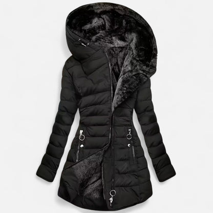 Damen Fleecejacke Slim Fit Kapuze Reißverschluss Schwarz - Eveloria