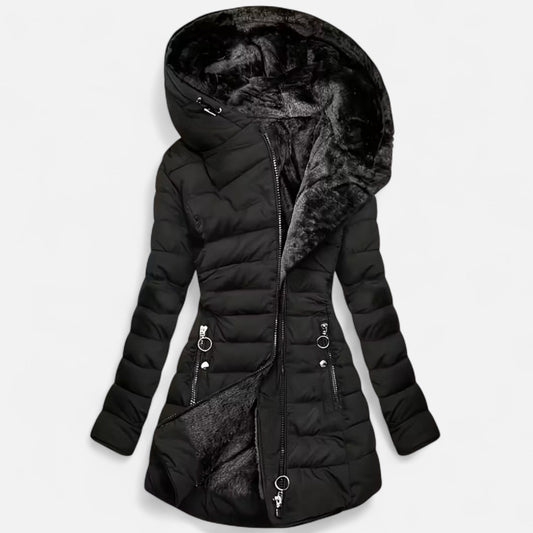 Damen Fleecejacke Slim Fit Kapuze Reißverschluss Schwarz - Eveloria