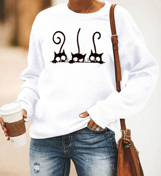 Damen Sweatshirt Oversized Baumwolle Katzenmuster Grau - Eveloria