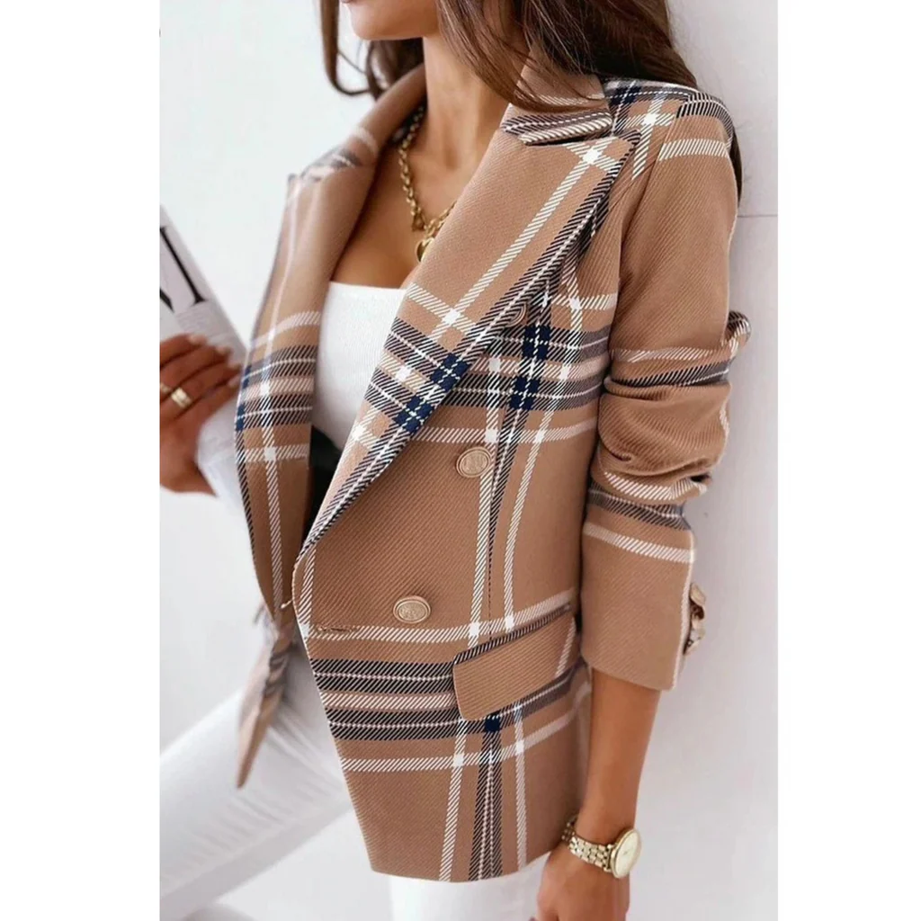 Damen Blazer Tailored Fit Reverskragen Doppelreiher Elegant Muster