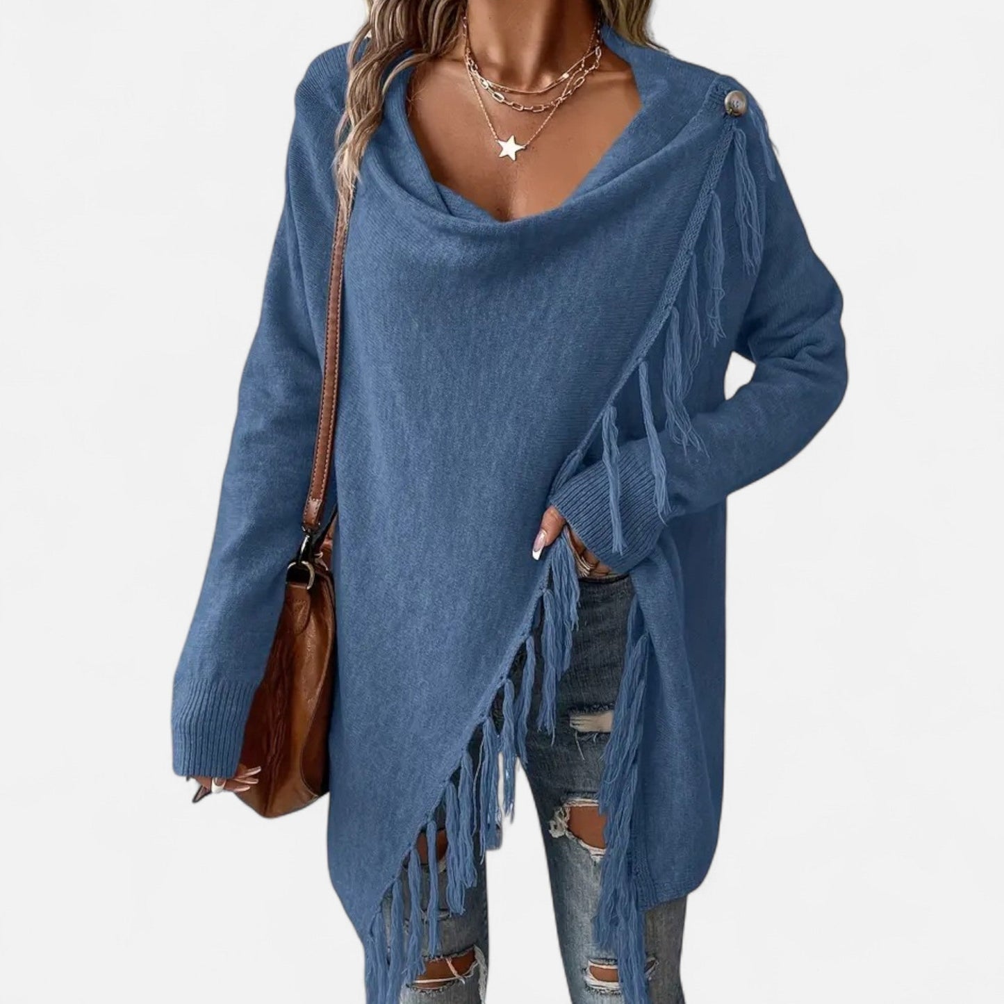 Damen Fransen-Pullover V-Ausschnitt Strickpullover Braun