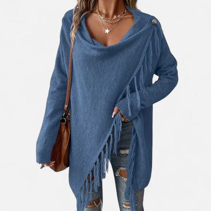 Damen Fransen-Pullover V-Ausschnitt Strickpullover Braun