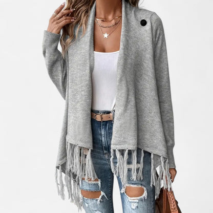 Damen Fransen-Pullover V-Ausschnitt Strickpullover Braun