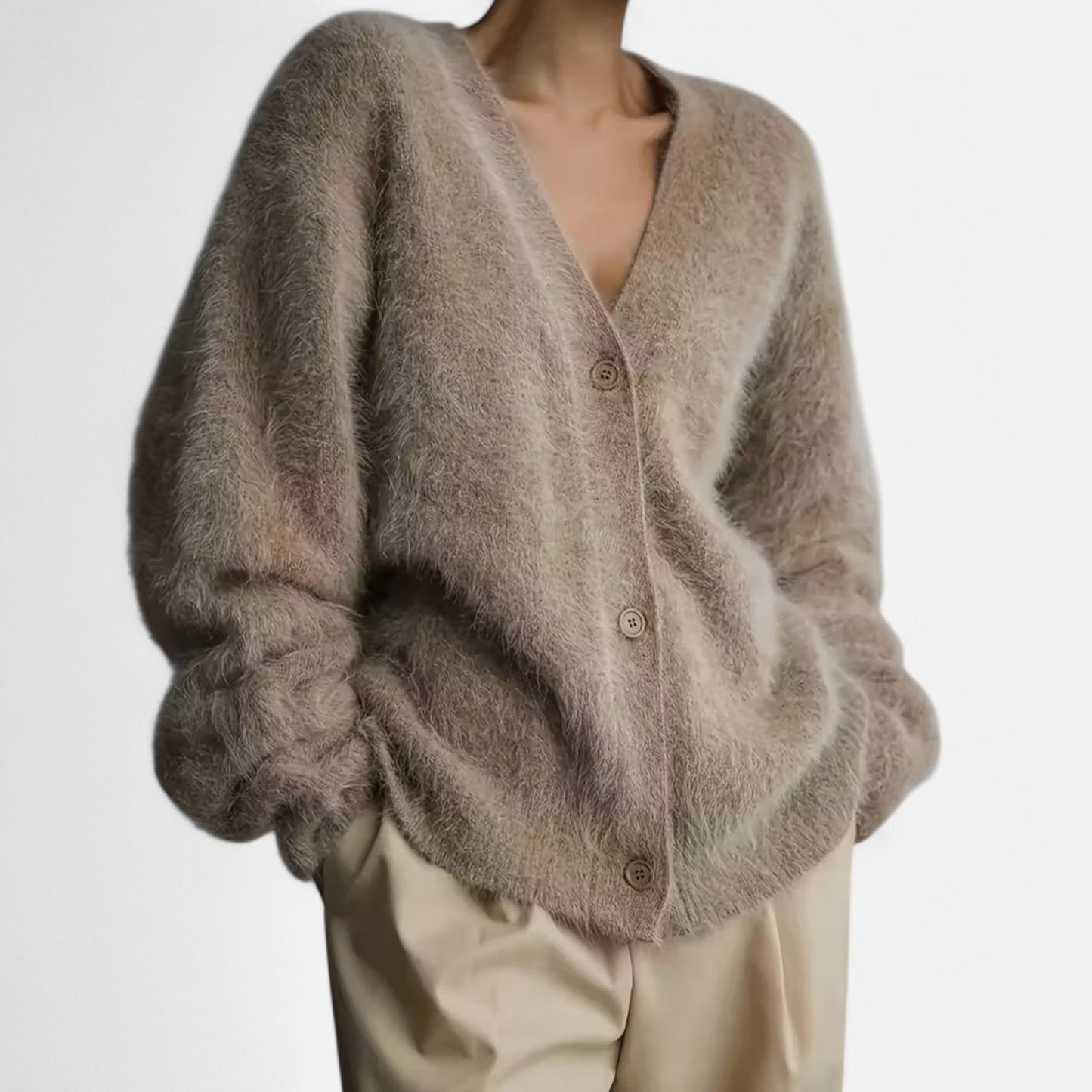 Damen Cardigan V-Ausschnitt Weiches Strickwerk Beige - Eveloria