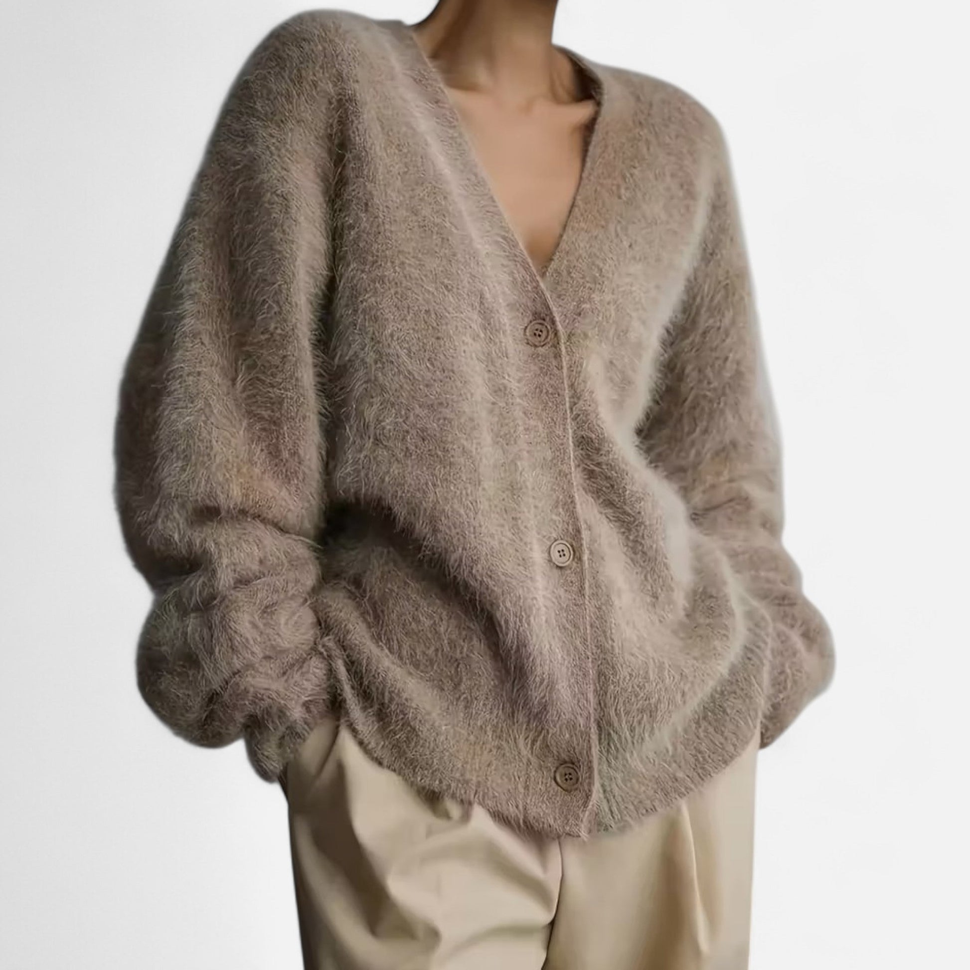 Damen Cardigan V-Ausschnitt Weiches Strickwerk Beige - Eveloria