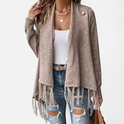 Damen Fransen-Pullover V-Ausschnitt Strickpullover Braun