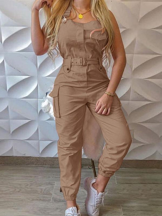 Damen Jumpsuit Ärmellos Mit Werkzeuggürtel Schwarz - Eveloria