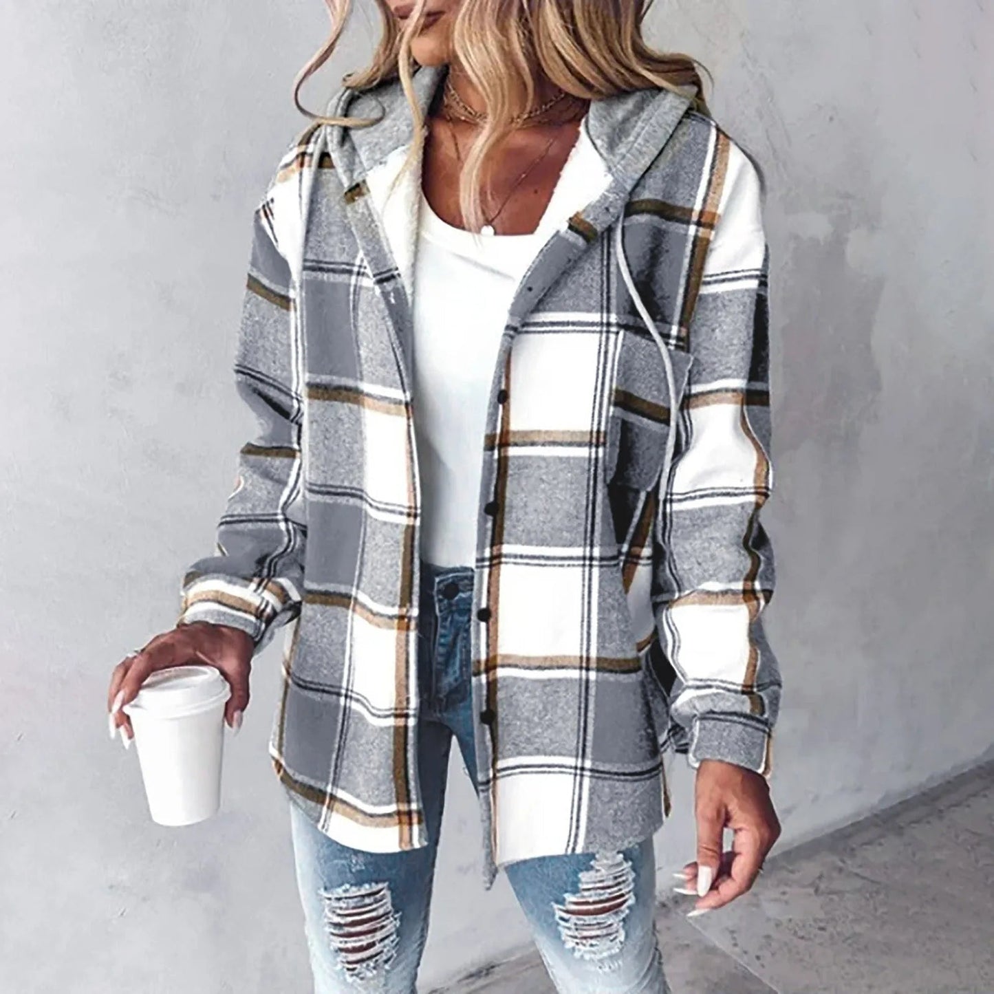 Damen Karo Hoodie Jacke Winter Freizeit weiß