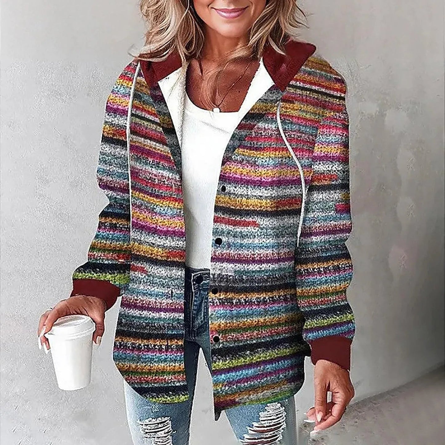 Damen Karo Hoodie Jacke Winter Freizeit weiß