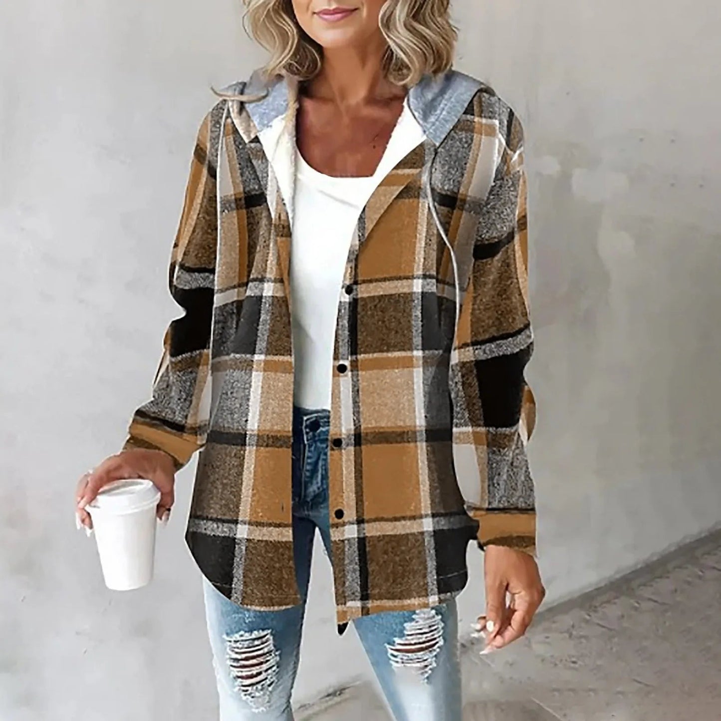 Damen Karo Hoodie Jacke Winter Freizeit weiß