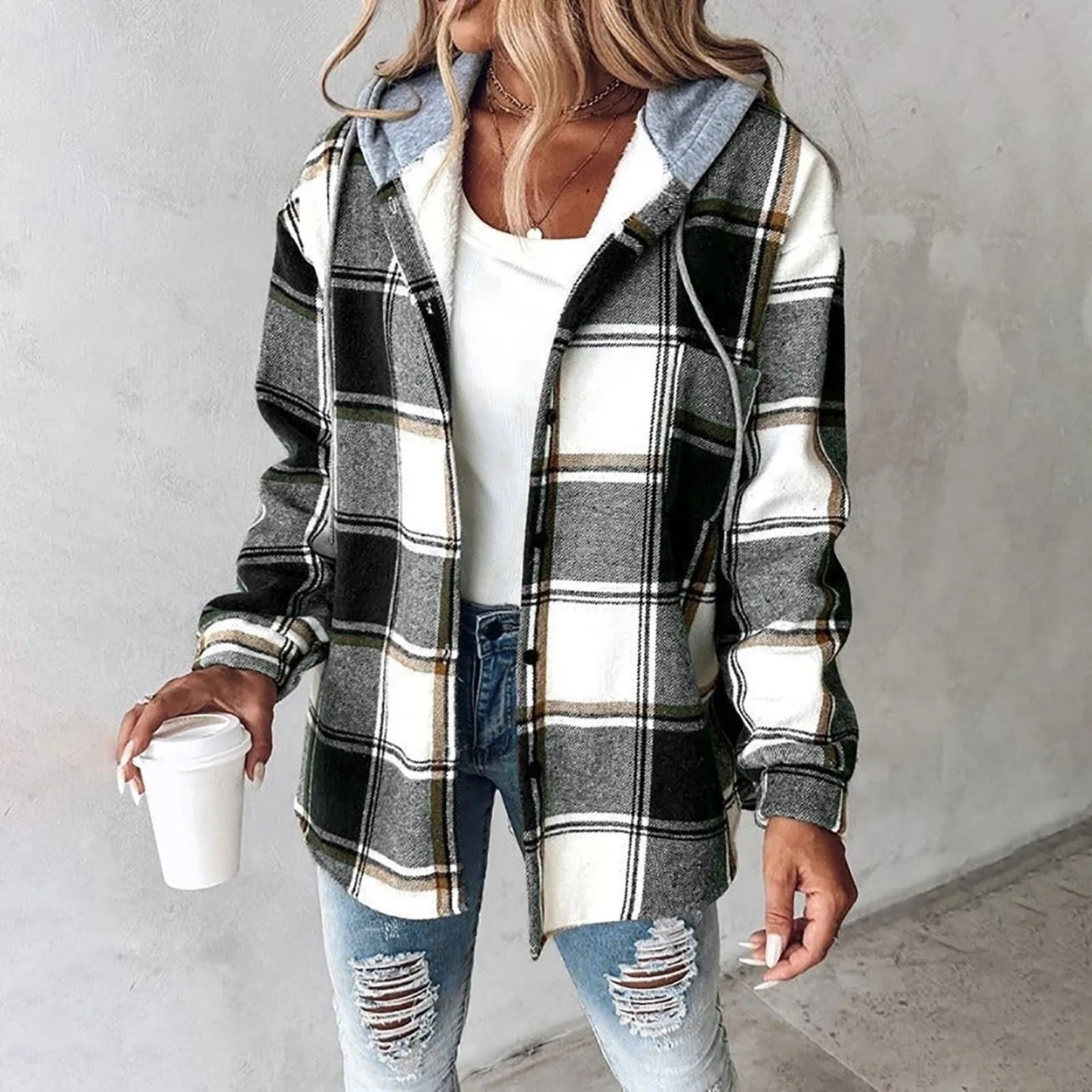 Damen Karo Hoodie Jacke Winter Freizeit weiß