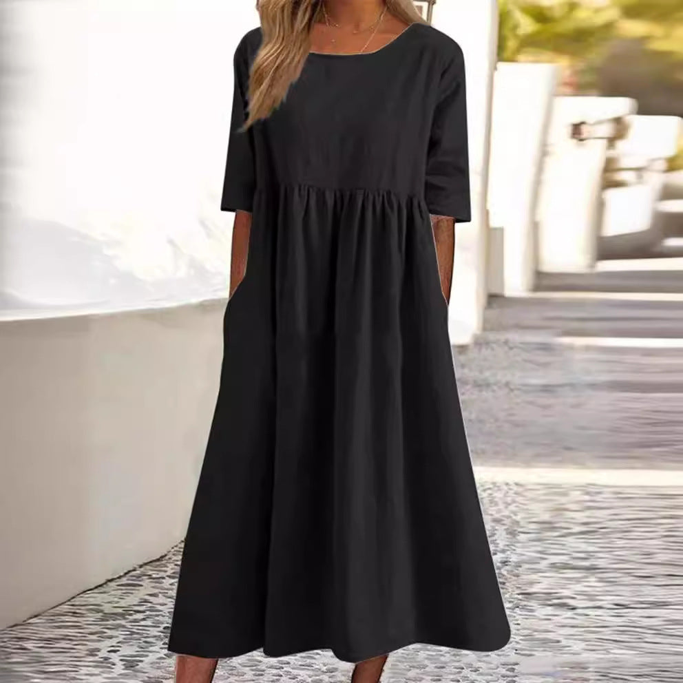 Damen Midikleid Rundhalsausschnitt Halbarm Einfarbig Lockerer Schnitt