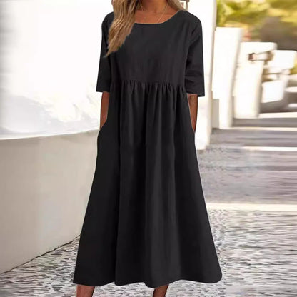 Damen Midikleid Rundhalsausschnitt Halbarm Einfarbig Lockerer Schnitt