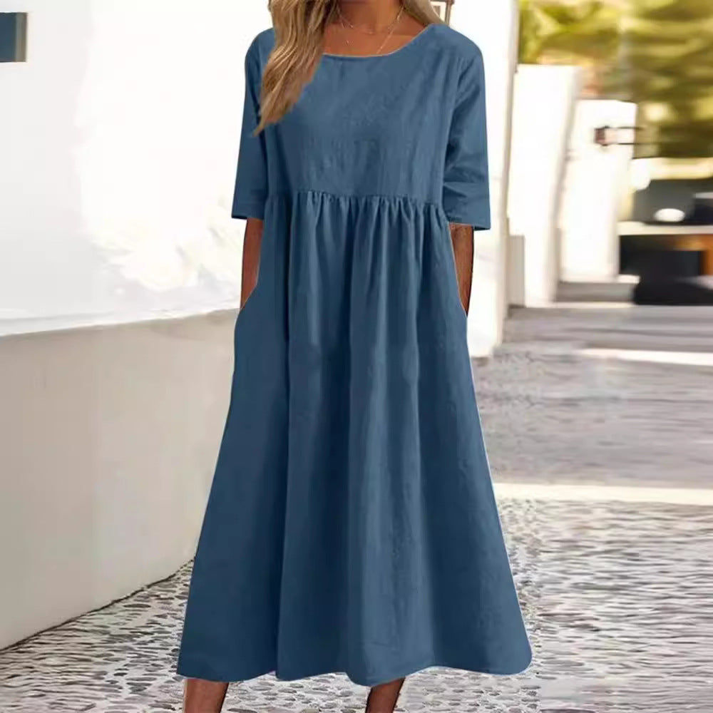Damen Midikleid Rundhalsausschnitt Halbarm Einfarbig Lockerer Schnitt