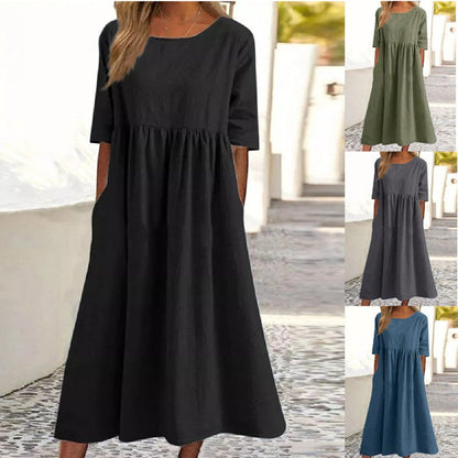 Damen Midikleid Rundhalsausschnitt Halbarm Einfarbig Lockerer Schnitt