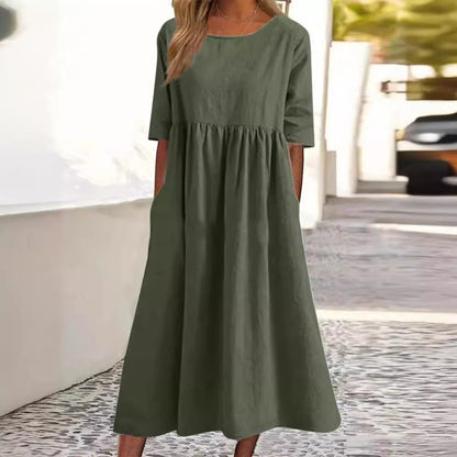 Damen Midikleid Rundhalsausschnitt Halbarm Einfarbig Lockerer Schnitt