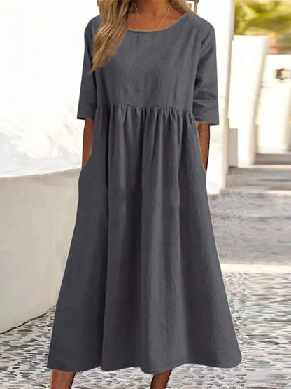Damen Midikleid Rundhalsausschnitt Halbarm Einfarbig Lockerer Schnitt