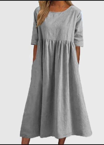 Damen Midikleid Rundhalsausschnitt Halbarm Einfarbig Lockerer Schnitt