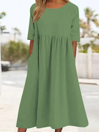 Damen Midikleid Rundhalsausschnitt Halbarm Einfarbig Lockerer Schnitt