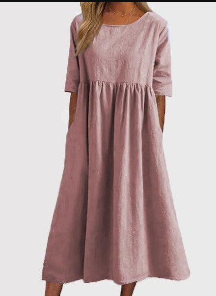 Damen Midikleid Rundhalsausschnitt Halbarm Einfarbig Lockerer Schnitt