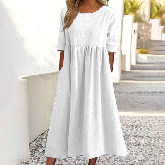 Damen Midikleid Rundhalsausschnitt Halbarm Einfarbig Lockerer Schnitt - Eveloria