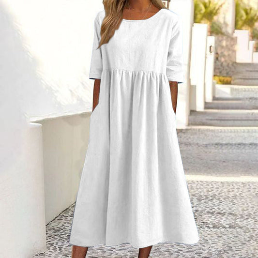 Damen Midikleid Rundhalsausschnitt Halbarm Einfarbig Lockerer Schnitt - Eveloria