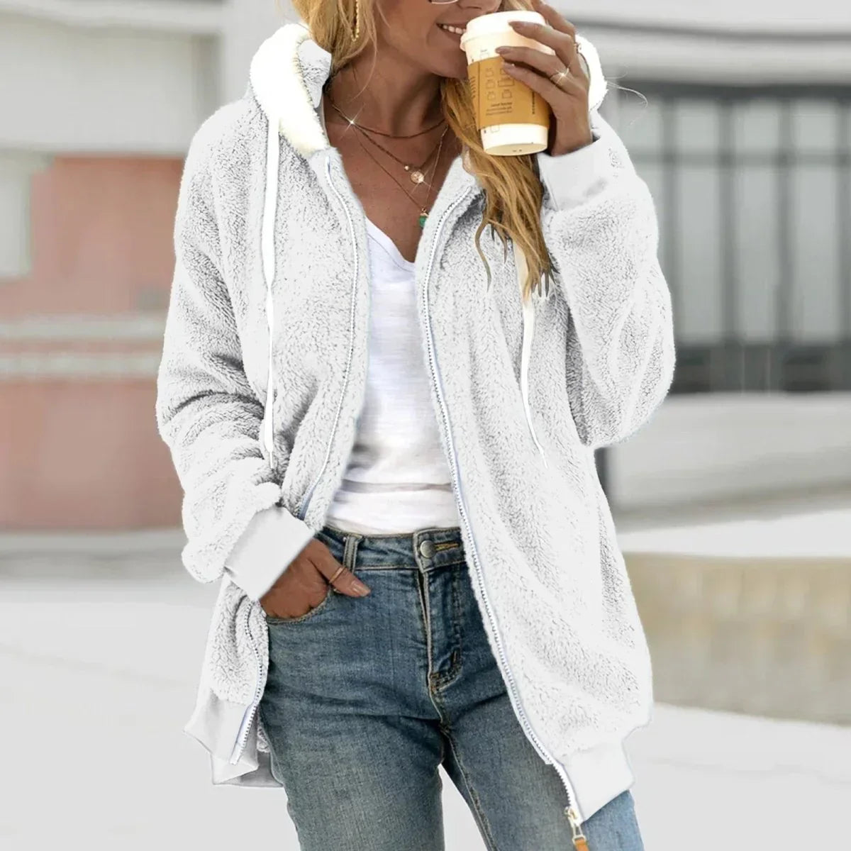 Eveloria Damen Teddyfleece Hoodie Extra Warm Zip Beige