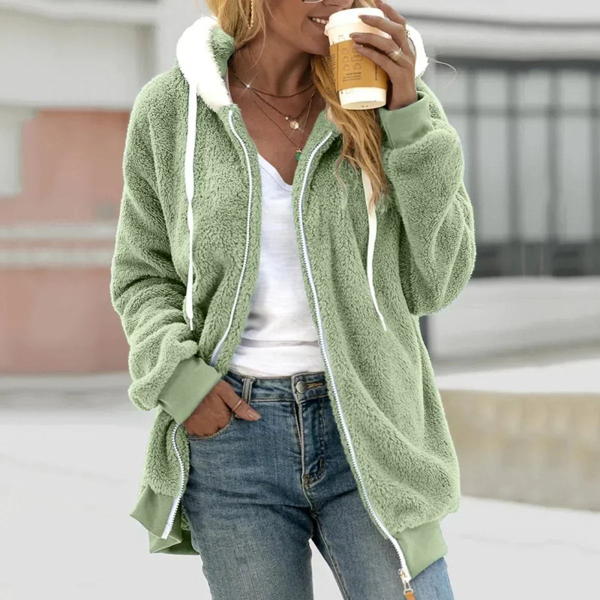 Eveloria Damen Teddyfleece Hoodie Extra Warm Zip Beige - Eveloria