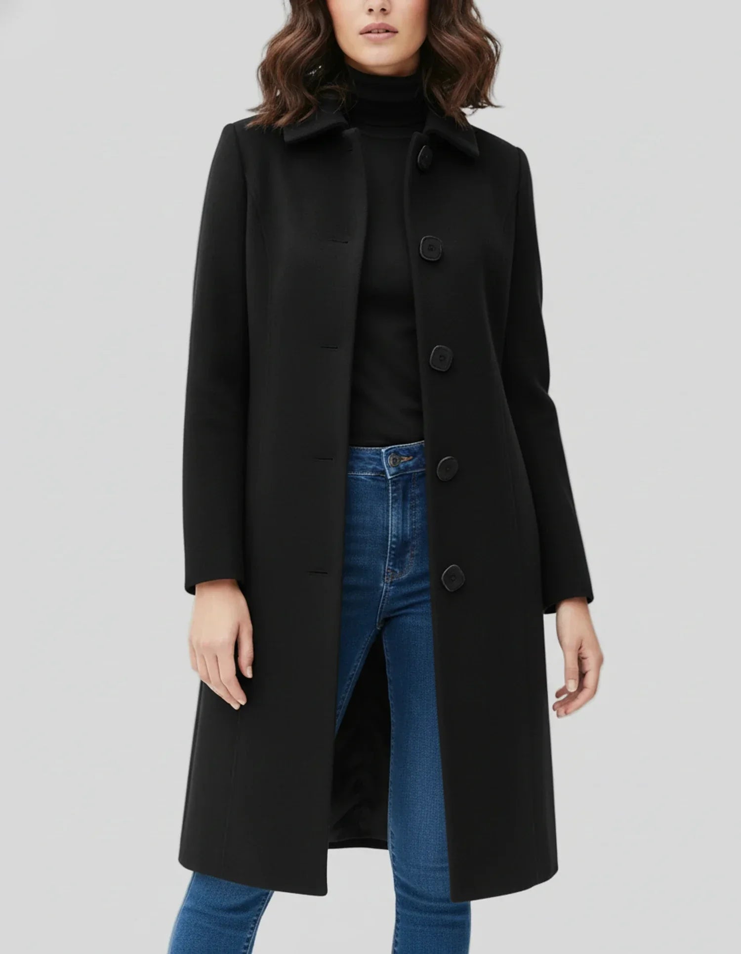 Damen Lange Winterjacke Knopfleiste Schwarz - Eveloria