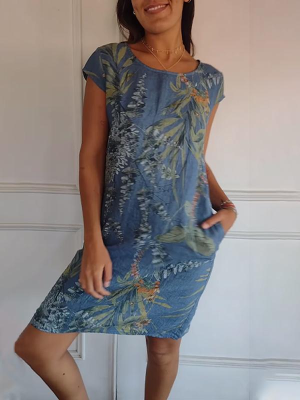 Damen Sommerkleid Blattmuster Leicht Grün