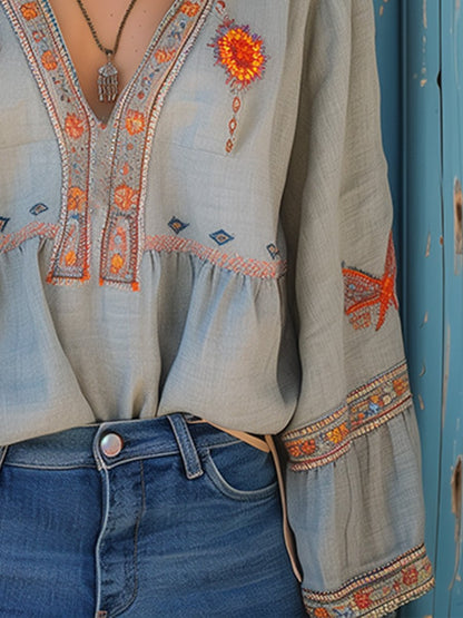 Damen Bluse Bohemian Bestickt Leicht Sommerweiß
